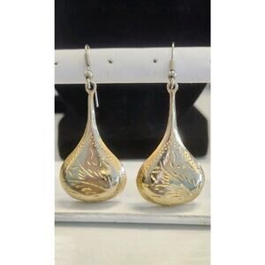 Genie Bottle Dangling Earrings with Engraved Edges Accents Hook Wire Gold Tone
